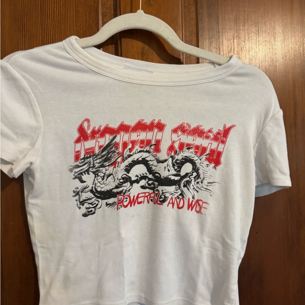 White Graphic Tee with Red and Black Dragon Design